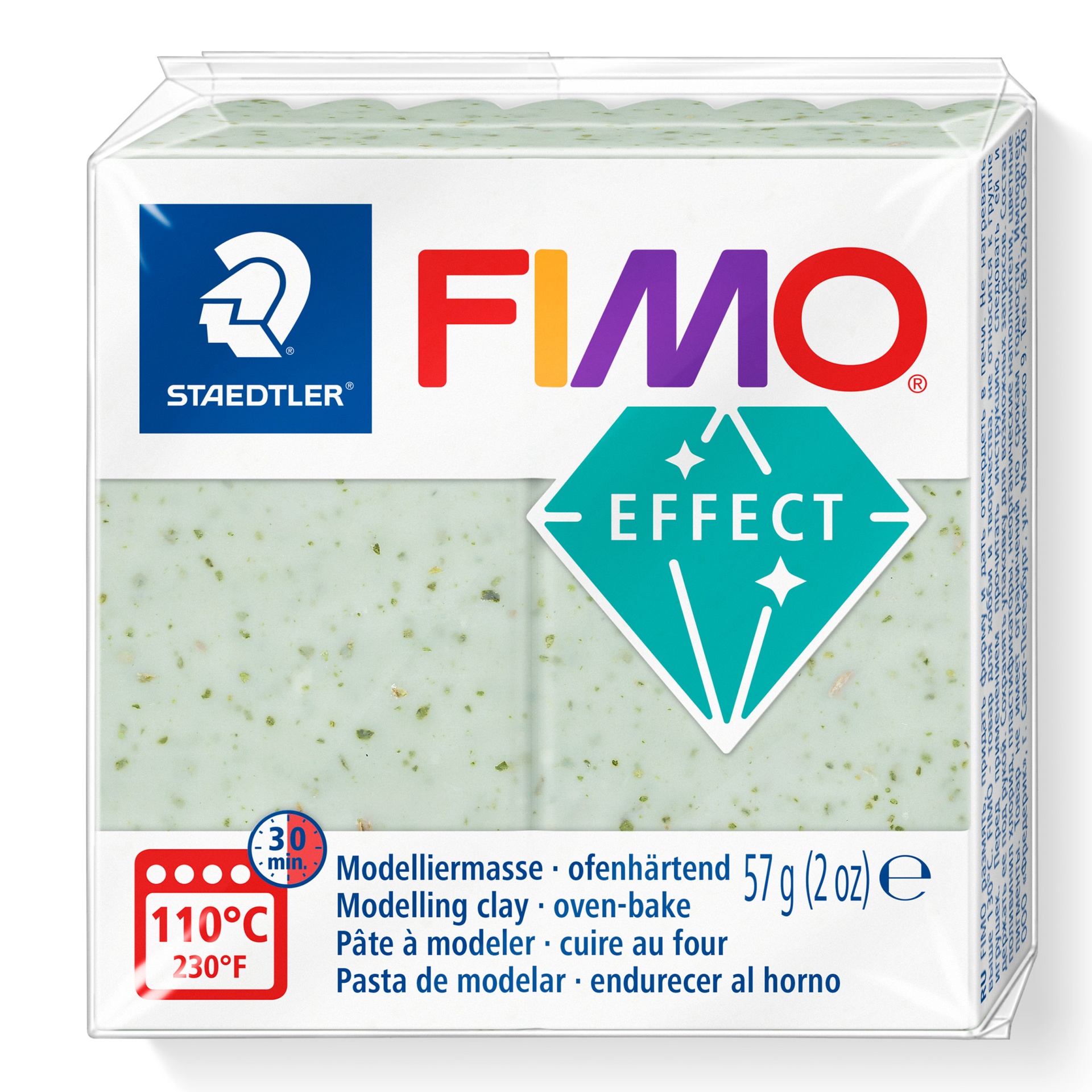 Pacote de massa modeladora FIMO Effect branco com partículas verdes