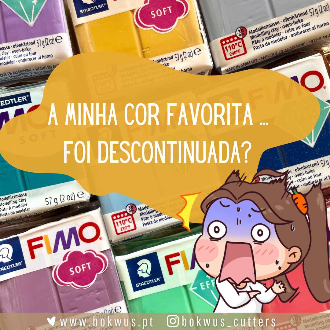Barras de massa de modelar FIMO coloridas com texto e personagem desenhado.
