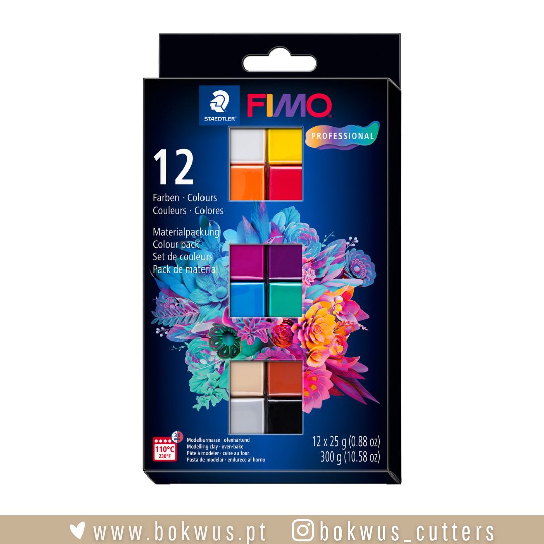 KIT 12 cores - PROFESSIONAL Conjunto de 12 cores de massa de modelar FIMO Professional em embalagem preta com janelas transparentes e ilustração floral