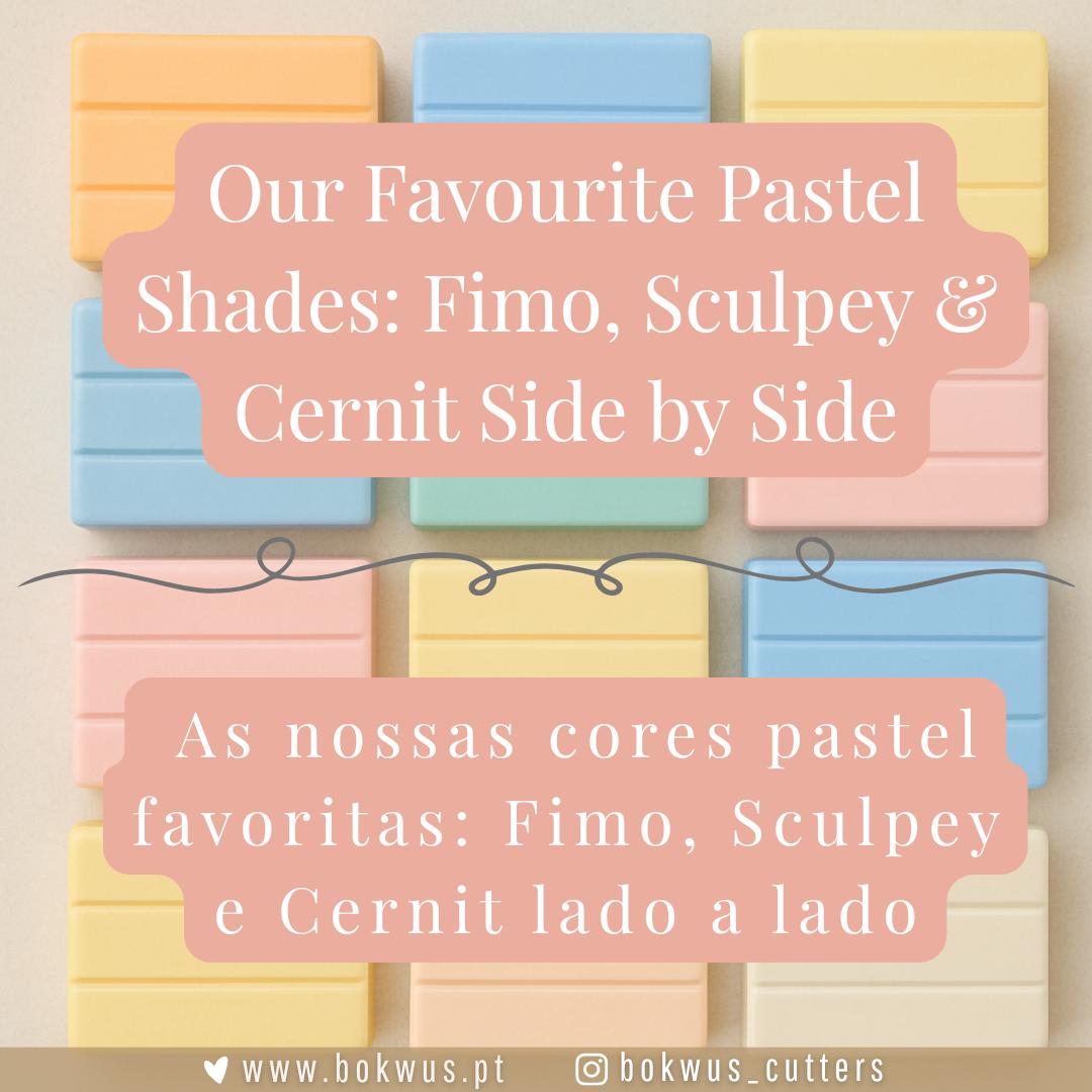 Pastilhas de massa de modelar em cores pastel Fimo, Sculpey e Cernit lado a lado com texto em inglês e português