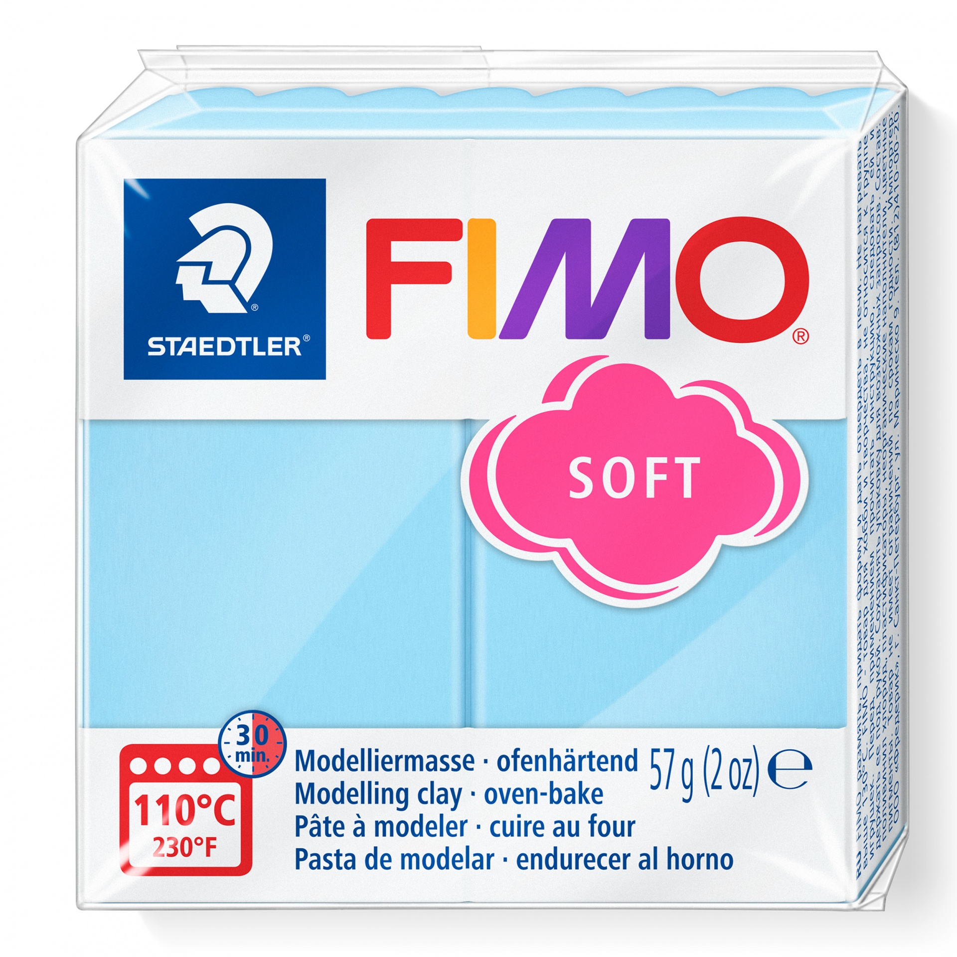 Bloco de massa de modelar FIMO Soft azul claro em embalagem branca e azul