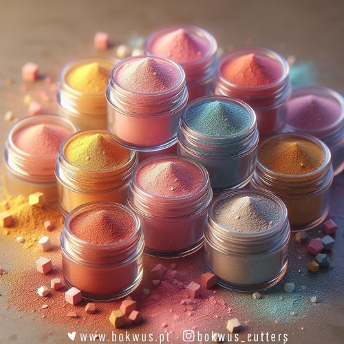 Frascos com pós coloridos em várias cores com textura fina e pequenos cubos coloridos à volta