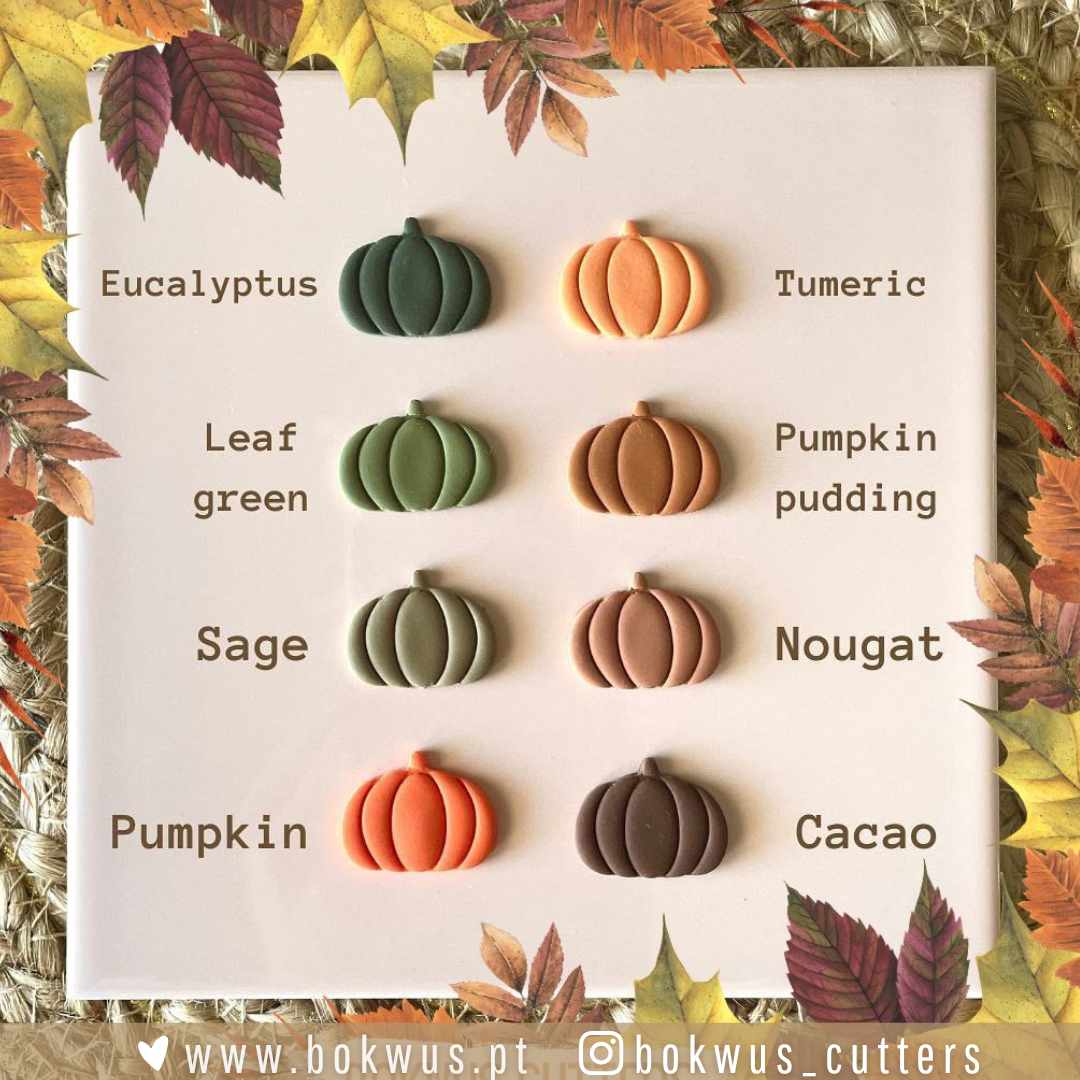 Cortadores de biscoito em forma de abóbora em várias cores, com nomes ao lado, sobre fundo claro e folhas de outono