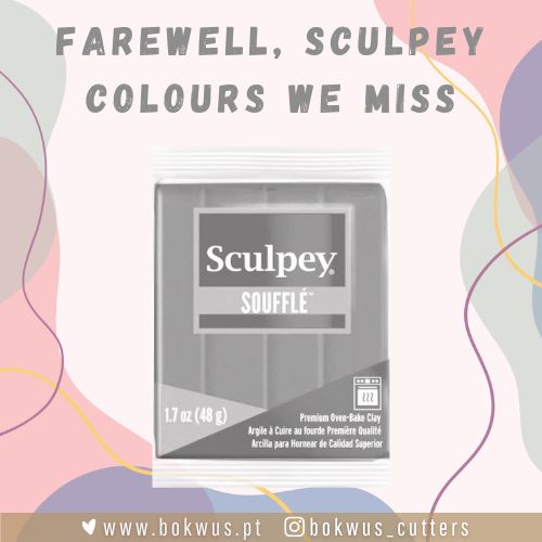 Embalagem de argila Sculpey Souffle cinza sobre fundo pastel colorido com texto promocional