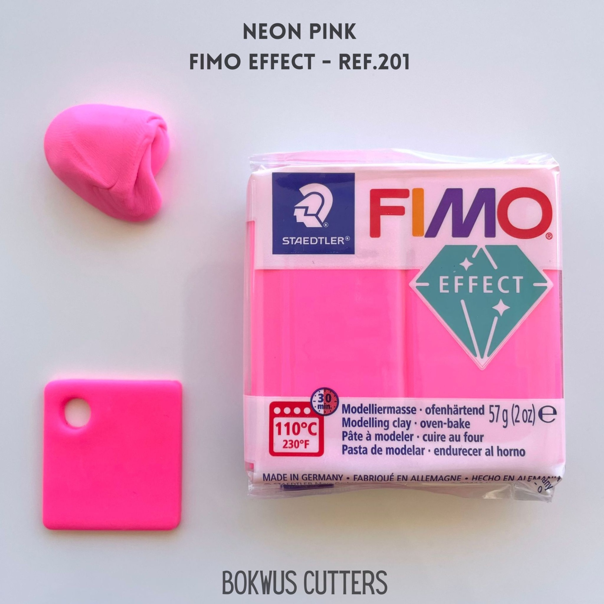 Massa de modelar FIMO Effect rosa neon com embalagem e amostras em fundo branco