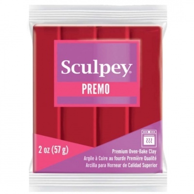 Massa moldável vermelha Sculpey PREMO em embalagem transparente com etiqueta roxa.