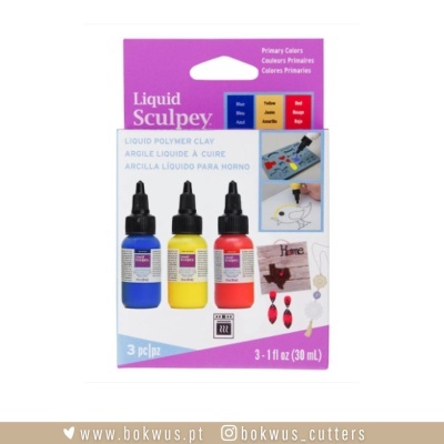 Conjunto Liquid Sculpey com três frascos de argila líquida azul, amarela e vermelha em embalagem
