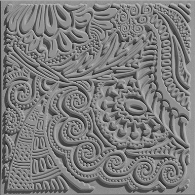 Padrão em relevo cinzento com motivos abstratos e texturas variadas.