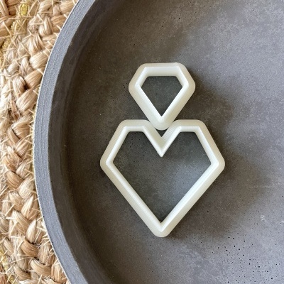 Dois moldes de plástico branco em forma de diamantes sobre um prato cinzento e fundo rústico