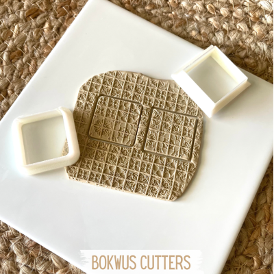 Cortadores quadrados plásticos brancos com argila estampada em placa branca