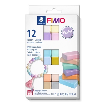 Pacote de 12 cores de massa de modelar FIMO pastel com cubos coloridos e pulseira na embalagem