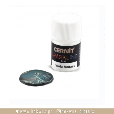 Frasco pequeno de Cernit Sparkling Duo Viola fantasy com pedaço de massa polimérica