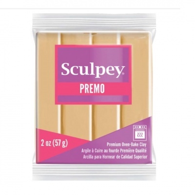 Massa de modelar Sculpey Premo bege claro embalada em plástico transparente com etiqueta rosa e roxa