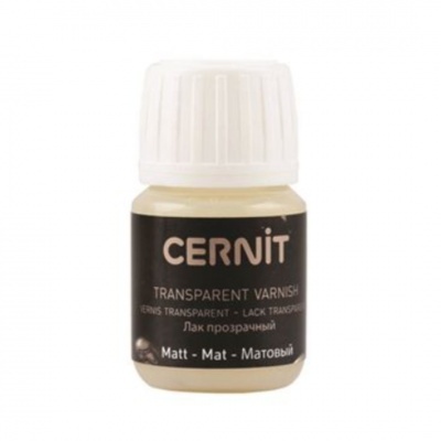 Frasco pequeno de verniz transparente Cernit com rótulo preto e tampa branca