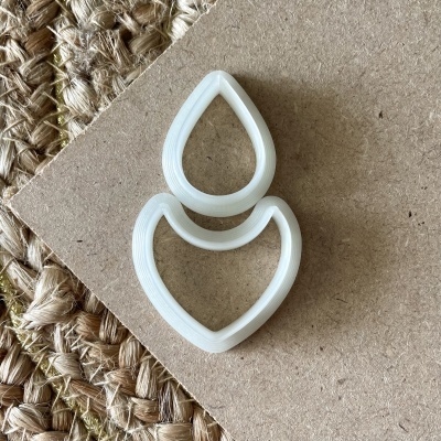 Duas formas de cortar de plástico branco em cima de cartão castanho e tecido trançado.