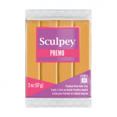 Argila polimérica Sculpey Premo amarelo em embalagem plástica com rótulo roxo e rosa