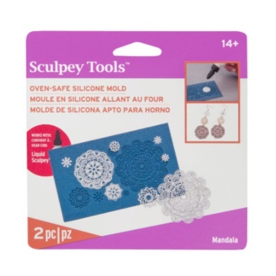 Molde de silicone azul Sculpey Tools com padrões Mandala em embalagem branca e roxa