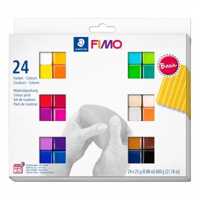 Caixa branca de material para modelar FIMO com 24 cores em blocos coloridos e imagem de mãos moldando