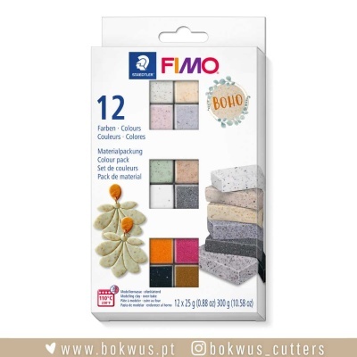Embalagem branca de massa para modelar FIMO Boho com 12 cores e textura pontilhada