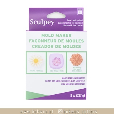 Embalagem do produto Sculpey Mold Maker para fazer moldes com imagens de flores e texto trilingue