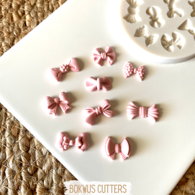 Conjunto de cortadores e moldes de laços para fondant em silicone e peças rosa