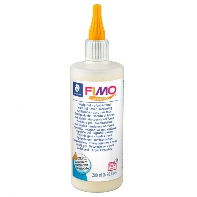 Frasco de gel líquido FIMO com tampa amarela e etiqueta azul e branca