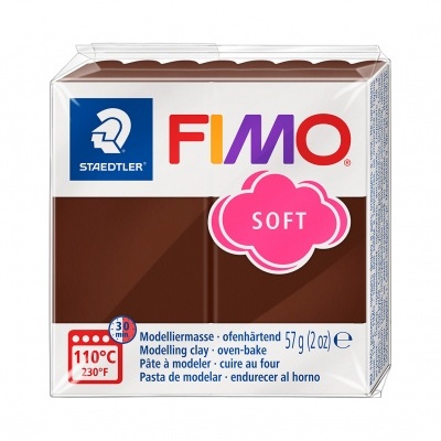 Bloco de pasta de modelar FIMO SOFT castanho da Staedtler com texto informativo na embalagem