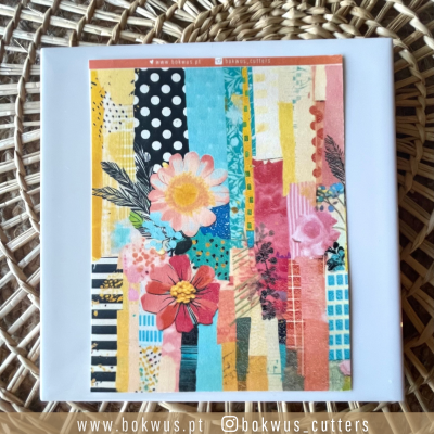 Quadrado branco com ilustração colorida de flores e listras verticais sobre vime trançado