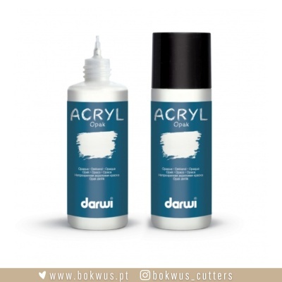 Duas embalagens de tinta acrílica opaca darwi, uma com tampa preta e outra com bico aplicador