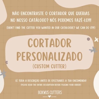 Imagem promocional sobre cortadores personalizados com texto em português e inglês