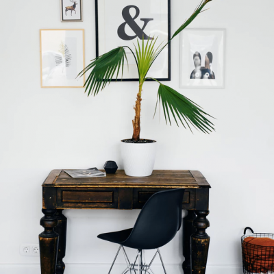 Mesa escura, cadeira preta, planta em vaso branco, quadros na parede e tapete cinza com padrão branco