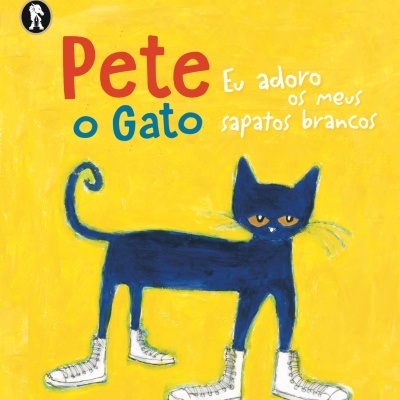 Capa amarela de livro com texto e gato azul usando sapatos brancos
