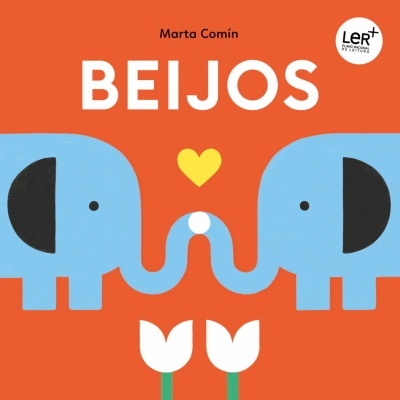 Capa de livro BEIJOS com ilustração de dois elefantes azuis e duas flores brancas
