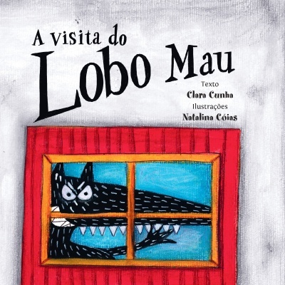 Capa de livro infantil ilustrada com lobo preto atrás de janela vermelha