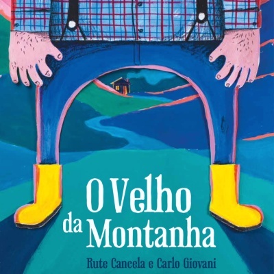 Ilustração de personagem com botas amarelas em cenário de montanha, texto O Velho da Montanha.