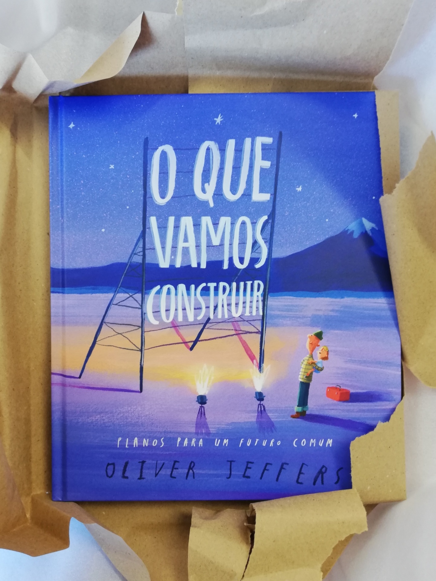 O que vamos construir? Capa de livro azul e roxo com título O QUE VAMOS CONSTRUIR e ilustração de homem e criança