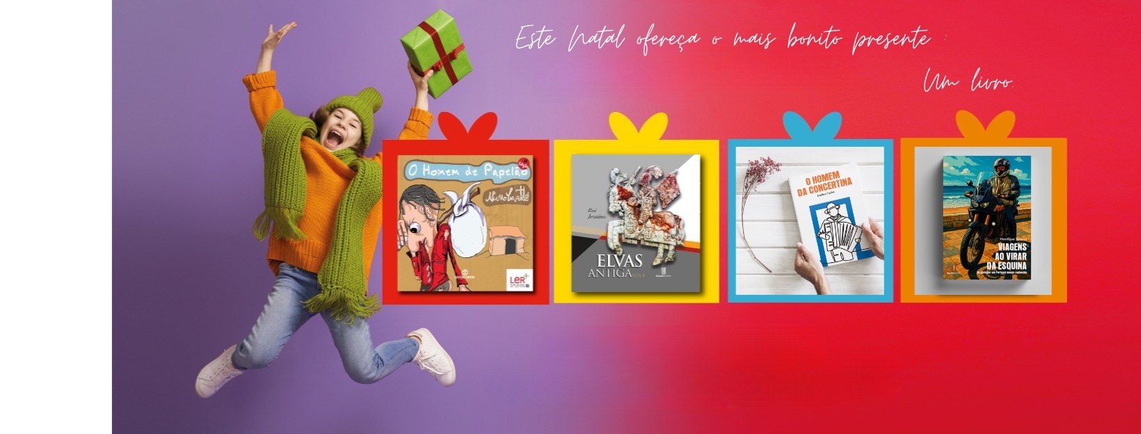 Criança saltando com presente ao lado de quatro capas de livros coloridas e texto natalício em português