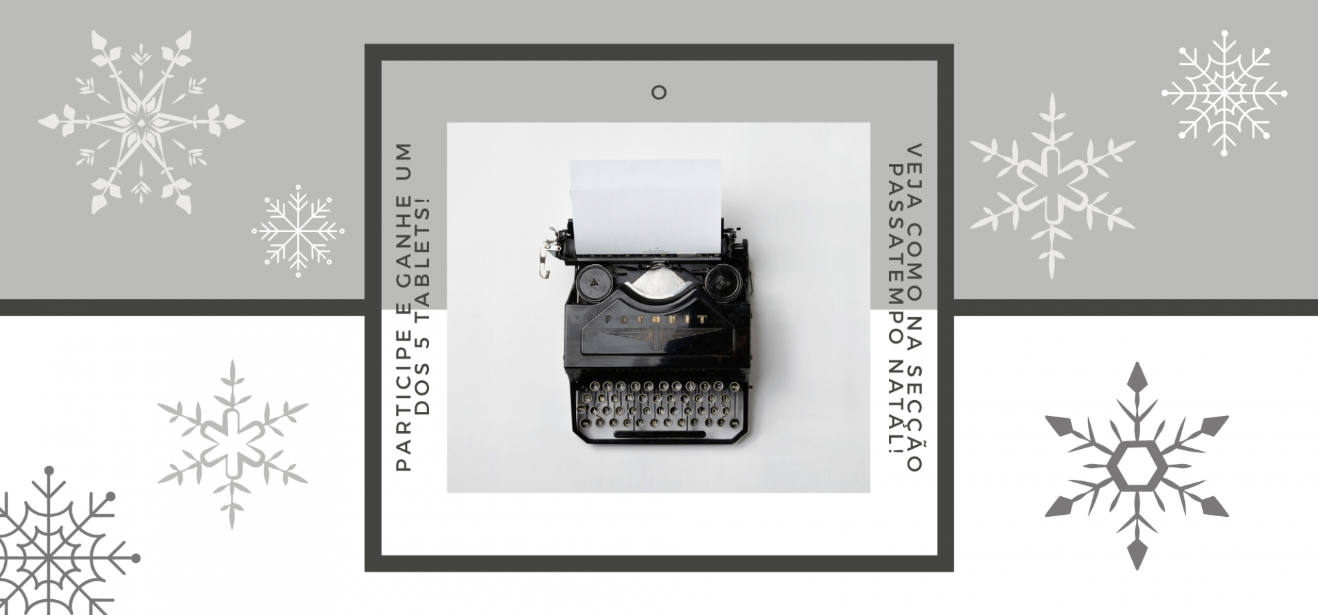 Máquina de escrever preta antiga emoldurada com texto e flocos de neve