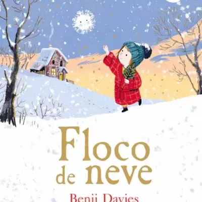 Capa de livro infantil com menino na neve e título Floco de neve