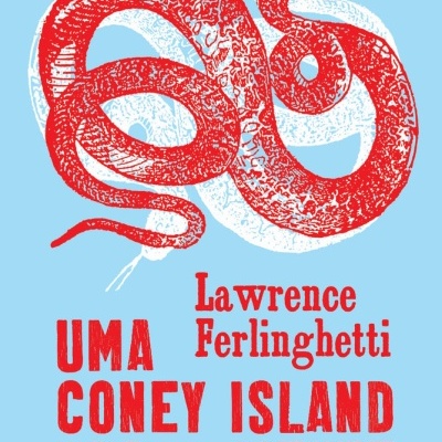 Capa de livro com ilustração vermelha de serpente e texto em letras vermelhas sobre fundo azul