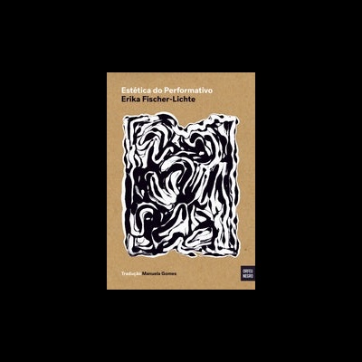Capa de livro com design abstrato preto e branco e texto sobre estética do performativo