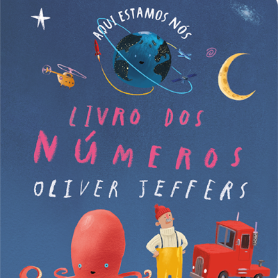 Capa de livro infantil azul com polvo, homem, trator e Terra desenhados