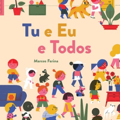 Capa livro infantil com ilustrações coloridas de crianças, animais, plantas e móveis