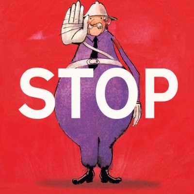 Capa de livro com polícia de uniforme roxo e a palavra STOP em branco