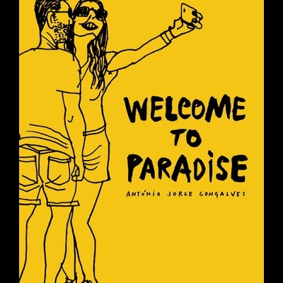 Ilustração de casal a tirar selfie com telemóvel e texto Welcome to Paradise
