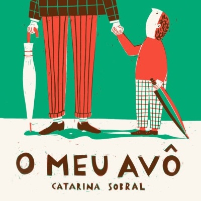 Ilustração de um adulto e uma criança de mãos dadas, cada um com um guarda-chuva, fundo verde