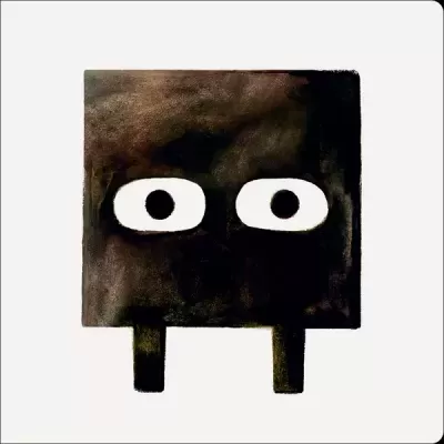 Figura quadrada preta com olhos brancos e pupilas negras sobre fundo branco