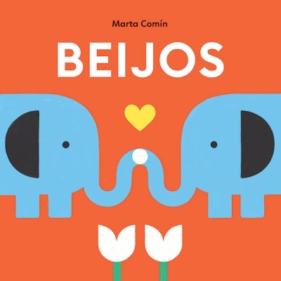 Capa de livro infantil laranja com dois elefantes azuis e coração amarelo