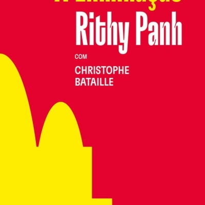 Capa de livro vermelha com título 'A Eliminação Rithy Panh' em amarelo e branco, com design amarelo abstrato