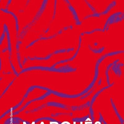 Capa de livro vermelha com ilustração abstrata roxa e texto branco